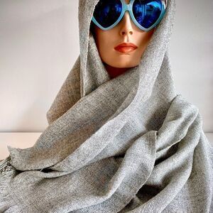 Hand woven light grey wool shawl scarf gold thread